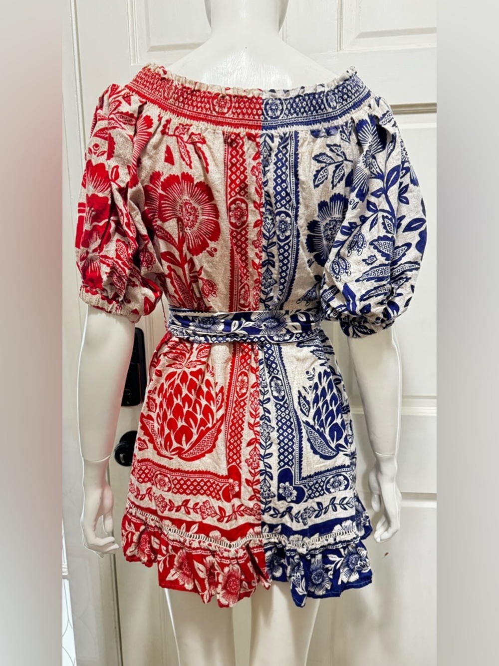 Farm Rio Mixed Pineapple Garden Mini Dress Sz S Red Blue Linen Blend Tie Waist - Picture 7 of 12